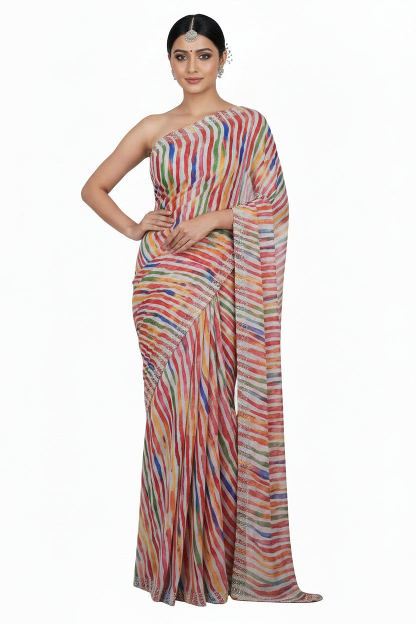Colorful striped fabric with a pattern on a white background
