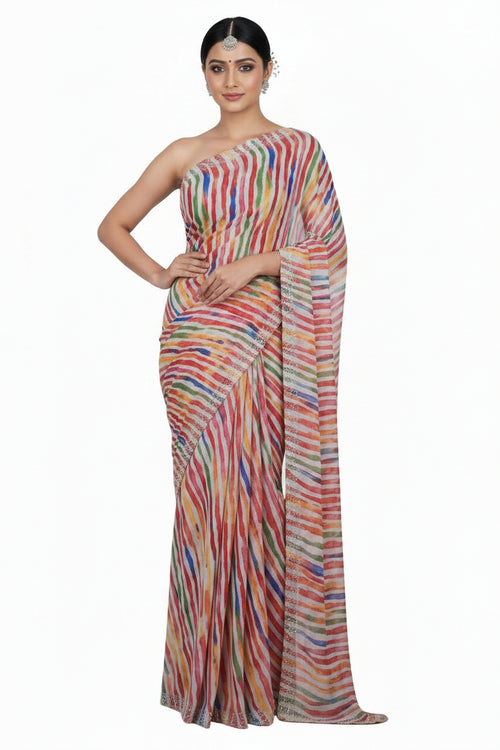 Colorful striped fabric with a pattern on a white background