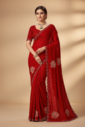 saree fenday chiffon fabric sedow crystal work and dtf print buta rani color