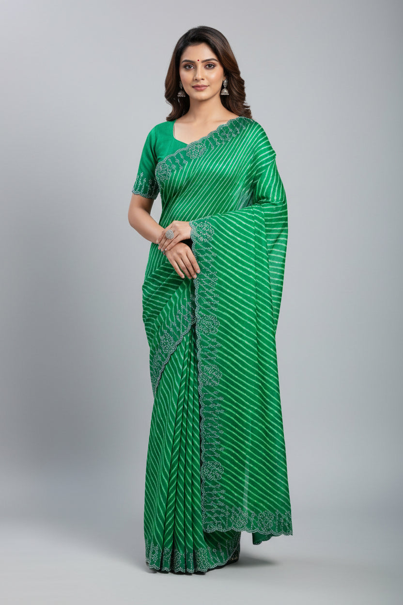 Green fabric with decorative patterns on a light blue background