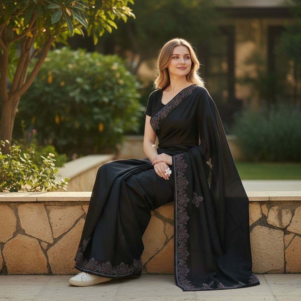 Woman wearing a ManasLifestyle.in black saree with delicate embroidery, sitting outdoors in a garden setting.